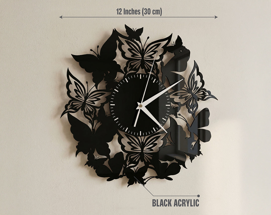 Butterfly Wall Clock – Premium Black & Gold Mirror Acrylic