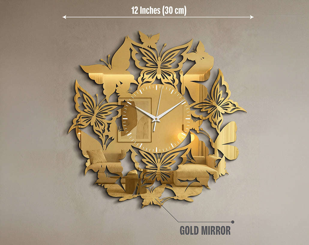 Butterfly Wall Clock – Premium Black & Gold Mirror Acrylic