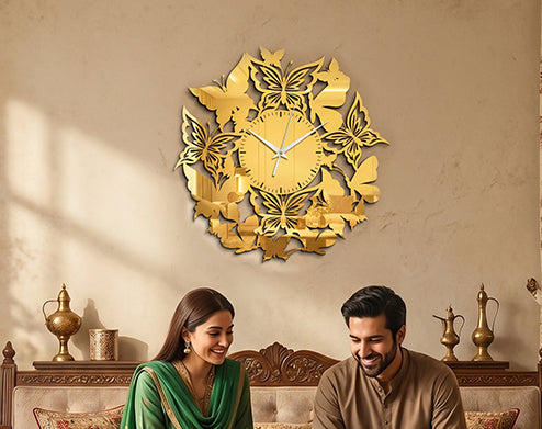 Butterfly Wall Clock – Premium Black & Gold Mirror Acrylic