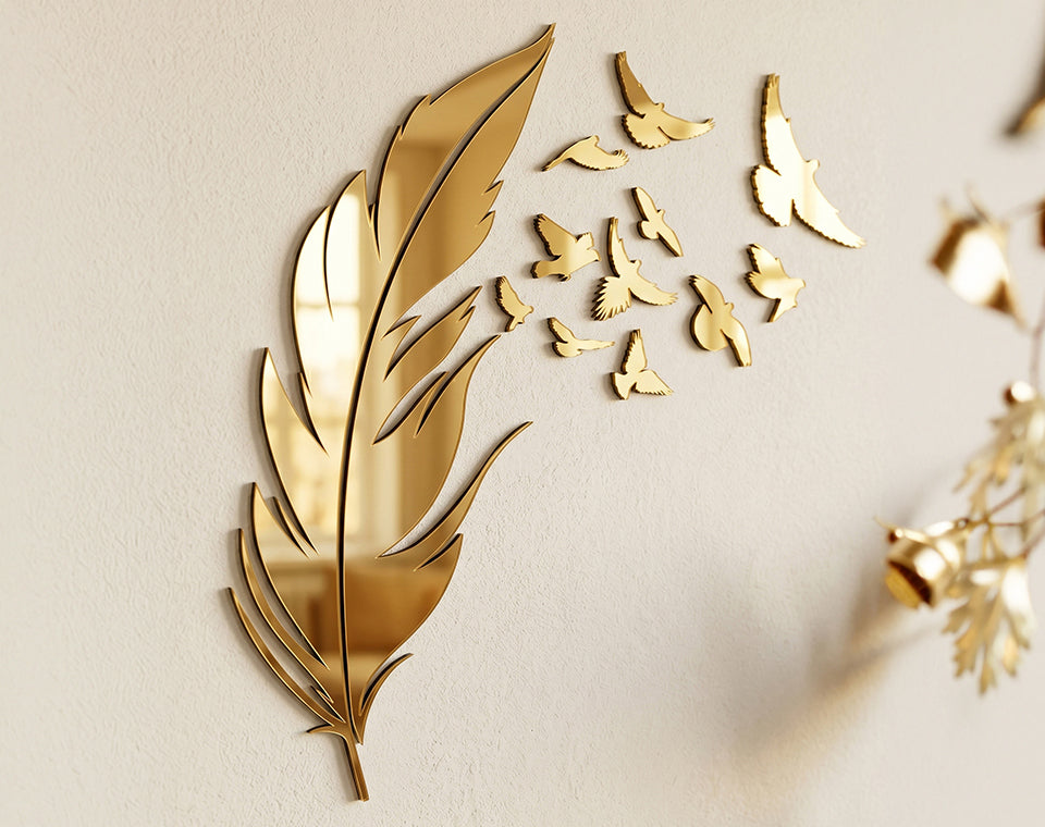 Freedom – Gold & Silver Mirror Acrylic Feather & Birds _ Large