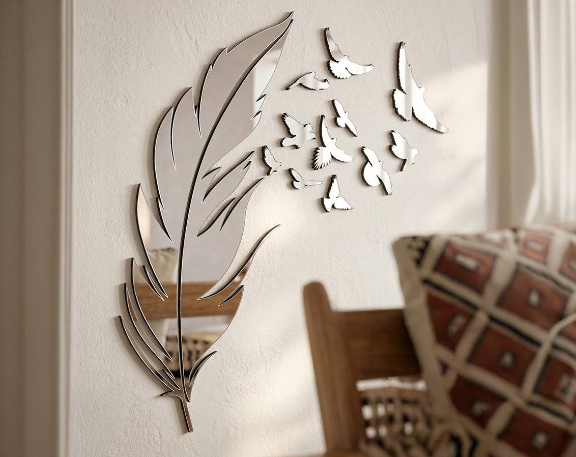Freedom – Gold & Silver Mirror Acrylic Feather & Birds _ Large